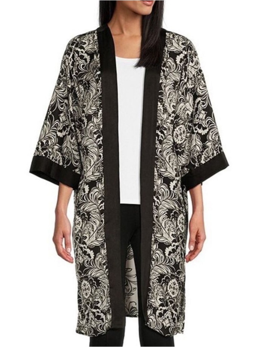 🎩🗝️NWT $89 Slim Factor by Investments Stylized Floral Print 3/4 Sleeve Kimono